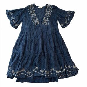 RAHI Embroidered Navy Blue V-Neck Dress